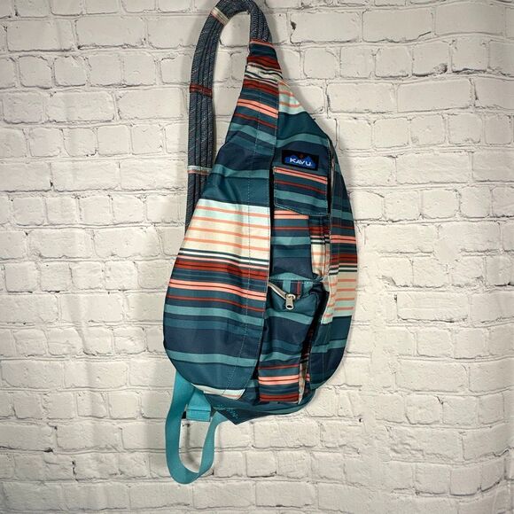 Kavu Rope Sling Crossbody Backpack Book Bag Green Striped Adjustable Strap - Picture 1 of 9
